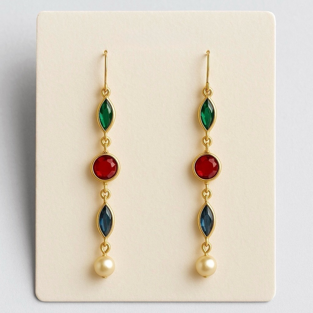 1970s Vintage Austrian Crystal Gold Plated Drop Earrings Multicolor Dangle Pearl